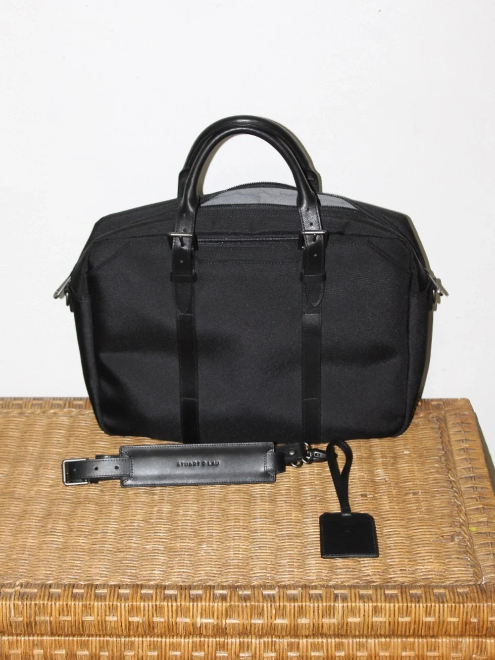 Stuart & Lau Cary briefcase in black with full-grain leather accents. Open Box